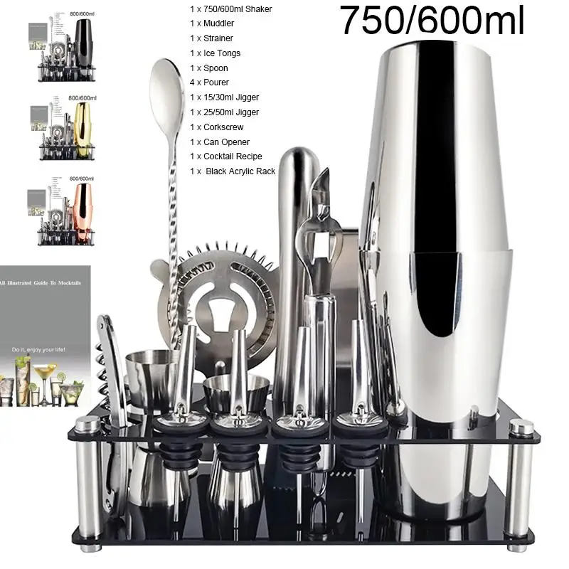 13Pcs Cocktail Shaker 750/600ml 800/600ml Boston Stainless Steel Mixer Bartender Tools Bar Set Cocktail Recipe With Wine Stand