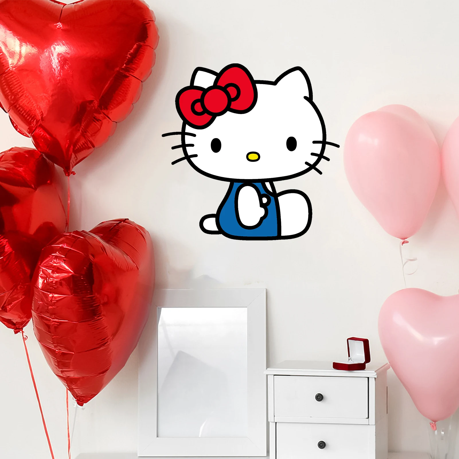 Cartoon Hello Kitty Wall Decals, Classic Red Bow Blue Overalls Cute Kitty Wall Stickers for Bedroom Bedside Cabinet Home Decor