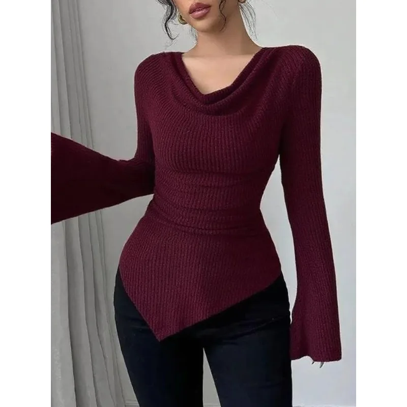 Autumn and Winter Women's Pit Stripe Base Shirt, Off Shoulder Slim Fit Knitted Long Sleeved Top, Hot Selling Commuting Styl