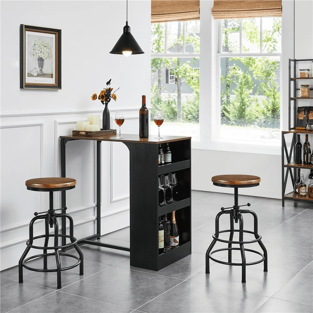Rustic Industrial Bar Stool Adjustable Height Kitchen Counter Stool with Solid Pinewood Seat Metal Frame Dining Room Bar