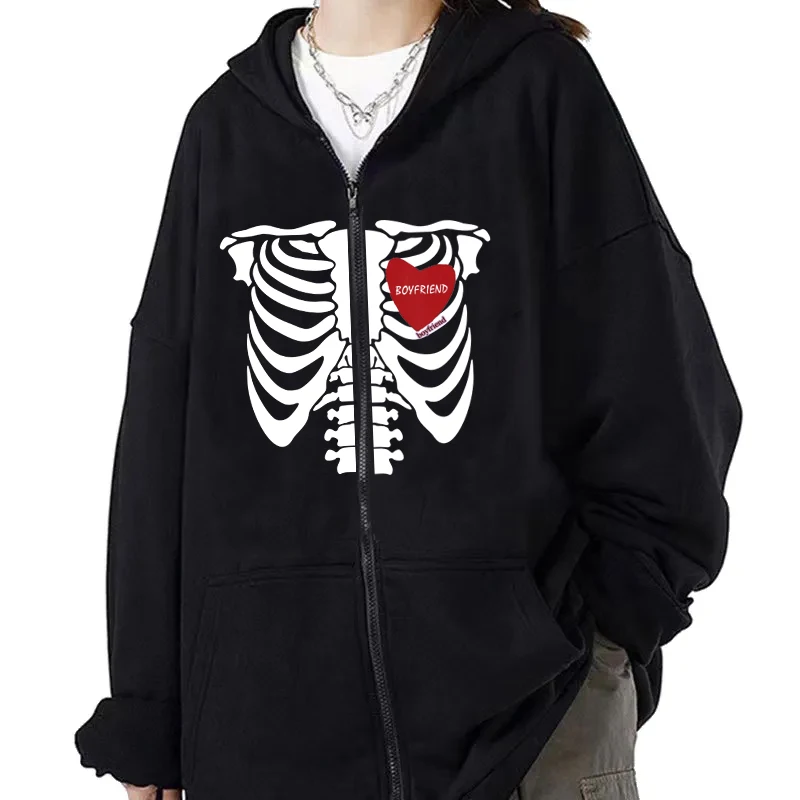 Gothic Fashion Skeleton Red Heart Hoodies Men Women Autumn Winter Y2k Grunge Zipper Hoodies Oversize Zip up Cardigan Sweatshirt