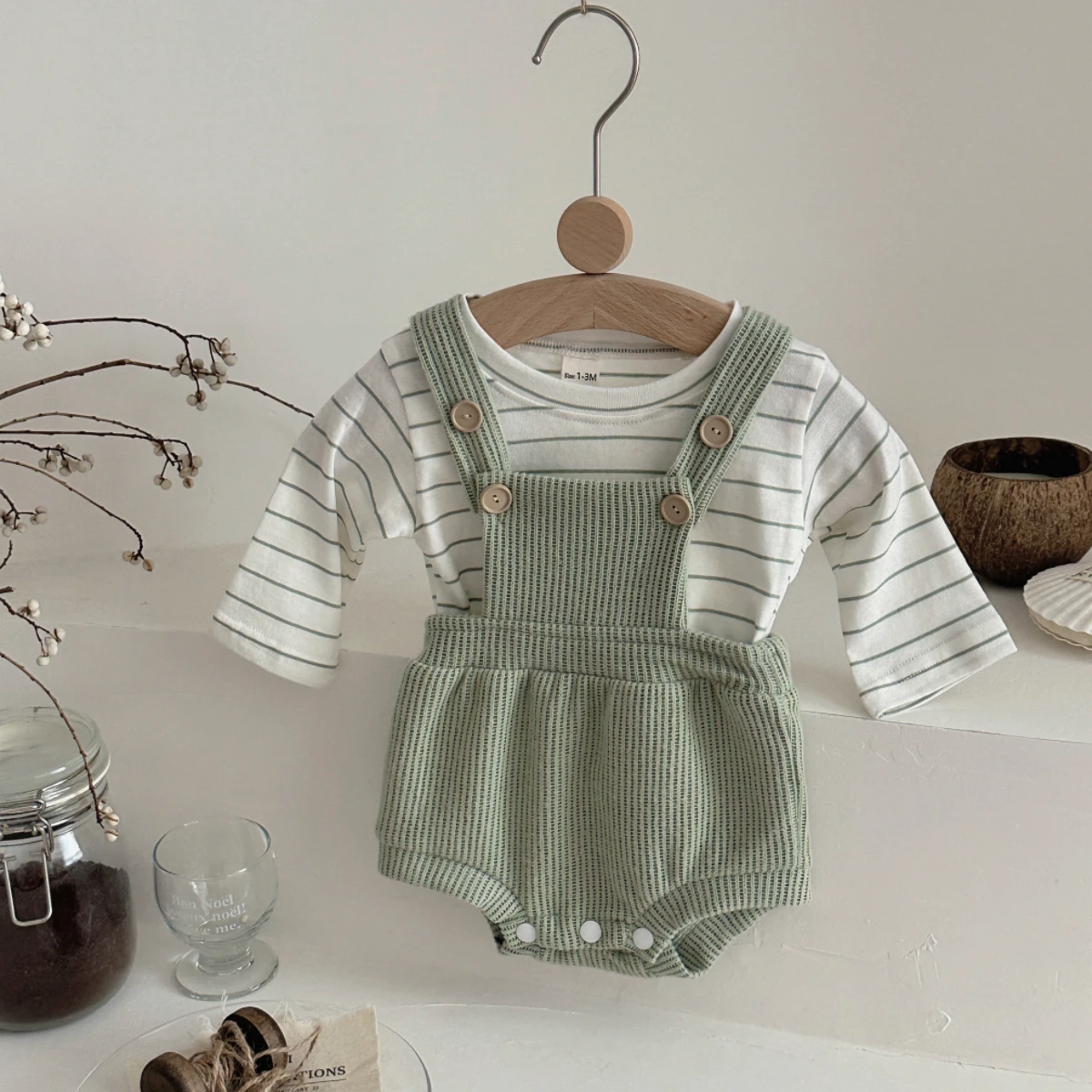 2 قطعة/المجموعة الخريف جديد الطفل الزحف دعوى مجموعة الطازجة الأخضر الأبيض تقسم المشارب طويلة الأكمام + حزام الكتف بذلة 0-18 أشهر #3