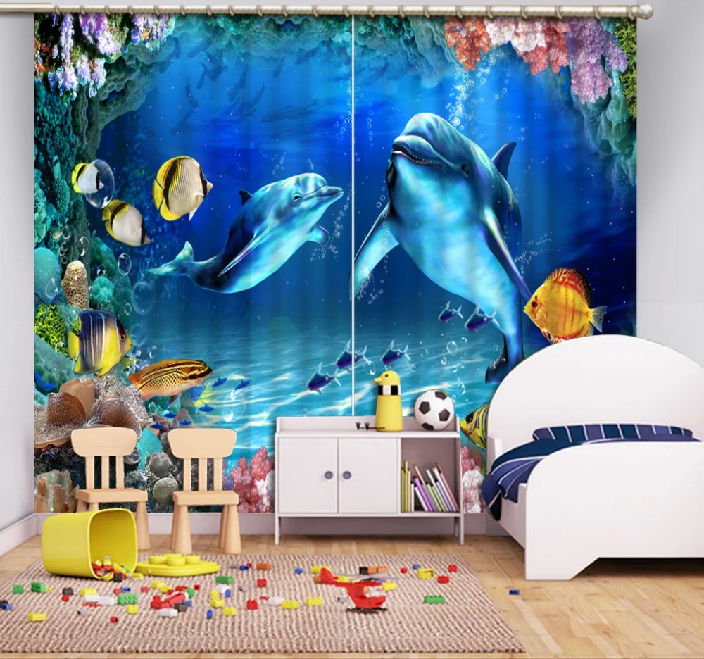 Blackout Shade Window Curtains European Modern High Quality Costom ocean dolphin modern home decor 3D Curtains