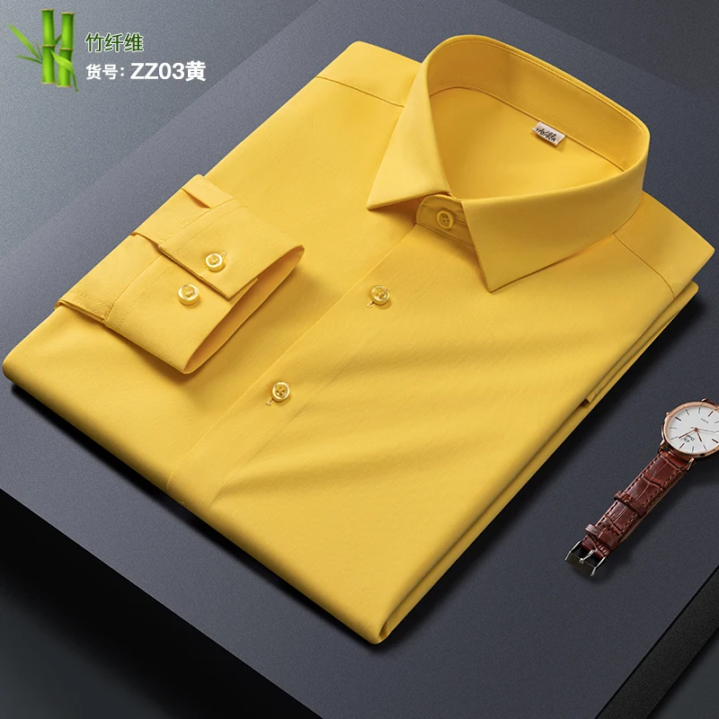 Koszula męska z włókna bambusowego w jednolitym kolorze 2025 - elegancka, codzienna, stylowa odzież męska, wygodna, oddychająca, z długim rękawem