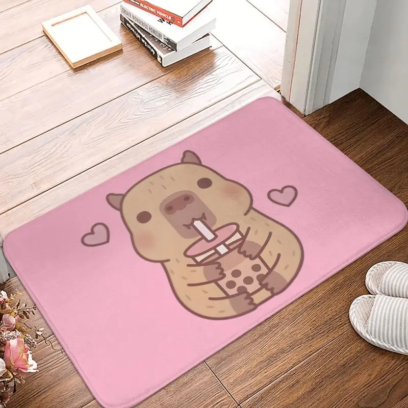 Custom Cute Little Capybara Hugs Bubble Tea Front Door Mat Anti-Slip Outdoor Absorbent Doormat Garden Garage Entrance Rug Carpet