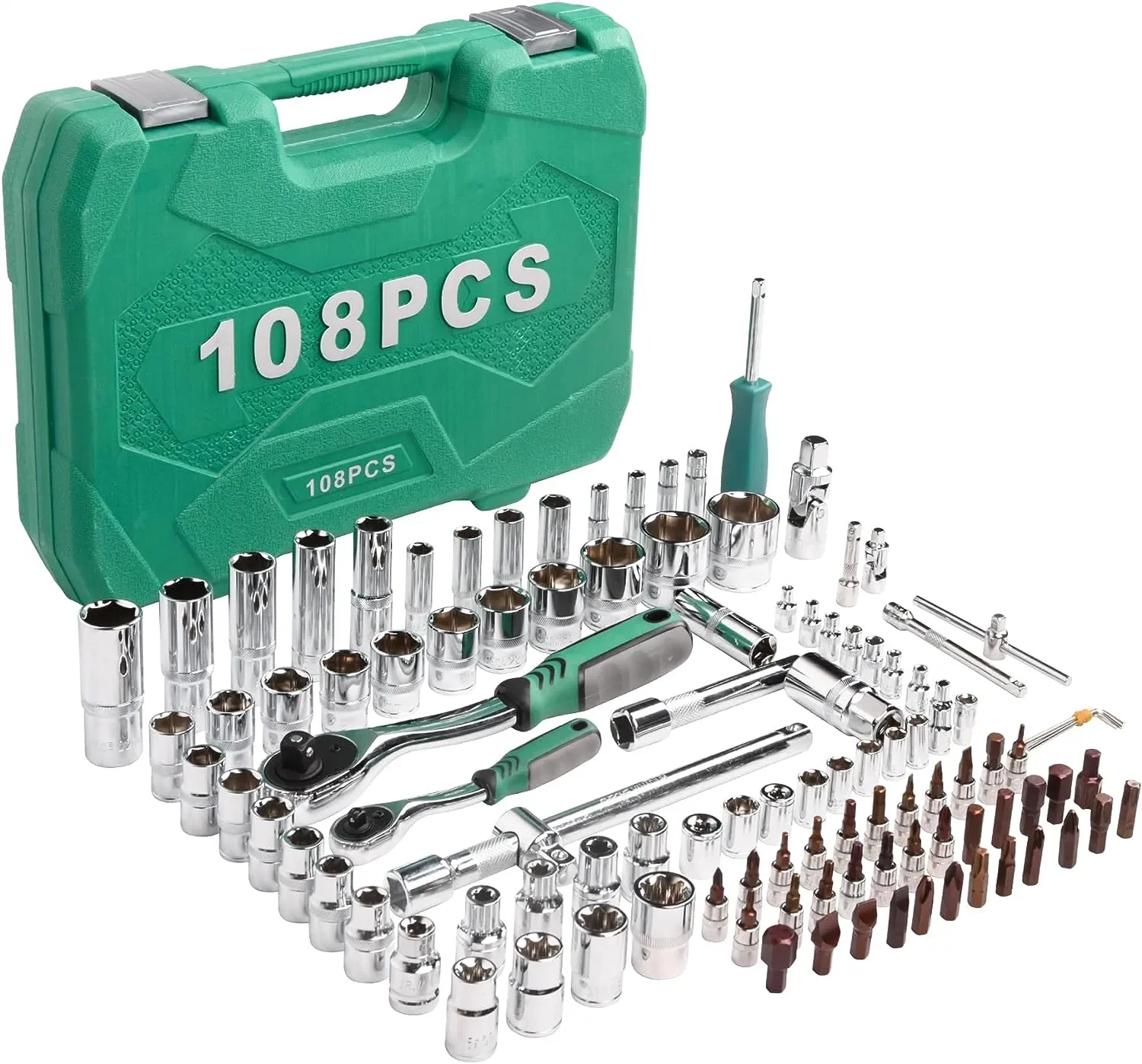 

108pcs 1/2" 1/4" 3/8" Socket and Drive Tool Set Mechanics Tools Kit Ratchet Wrench Sockets Set Metric Drive Socket Set, 1/2" 1/4