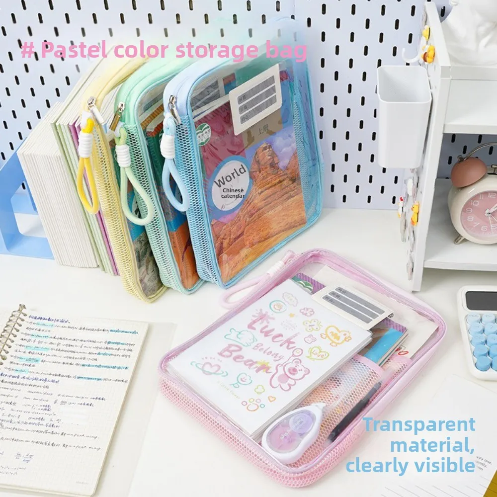 Transparent Zipper File Bag Large Capacity Handle Storage Organizer Bag Candy Color Multifunction File Folder Bags