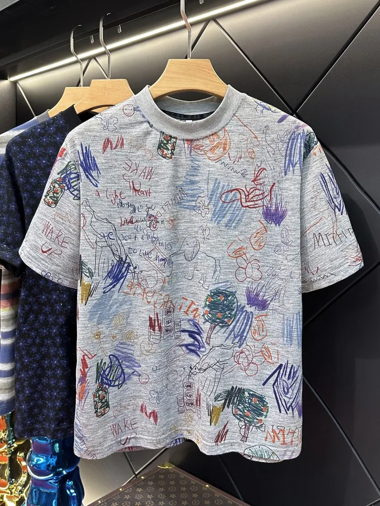 Summer Men Graffiti Printed T-shirt O Neck Short Sleeve Pullover Tops Comfortable Casual Streetwear Floral Fashion Loose Fit Top