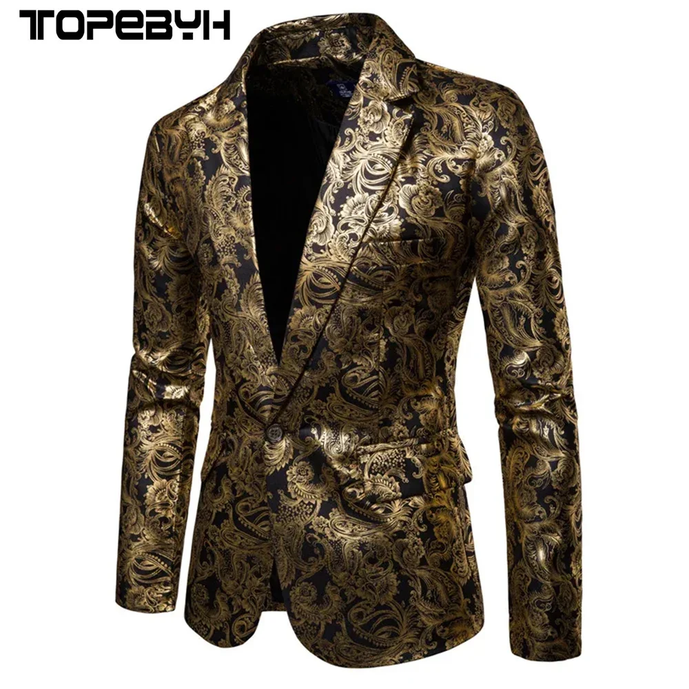 

Men's Golden Floral Blazers Business Casual Suit Wedding Dress Gold Blazer Coats Jackets