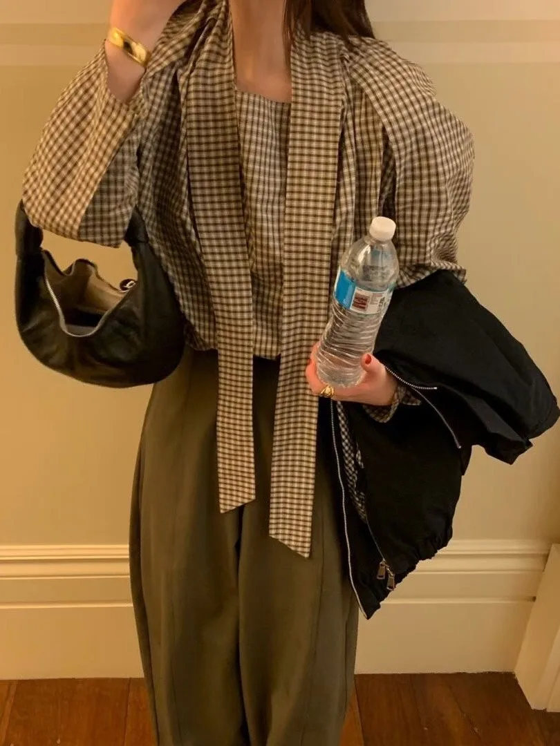 

Шикарная винтажная женская рубашка в клетку, весенняя коллекция, свободный топ в корейском стиле с рукавами «летучая мышь», полиэстер