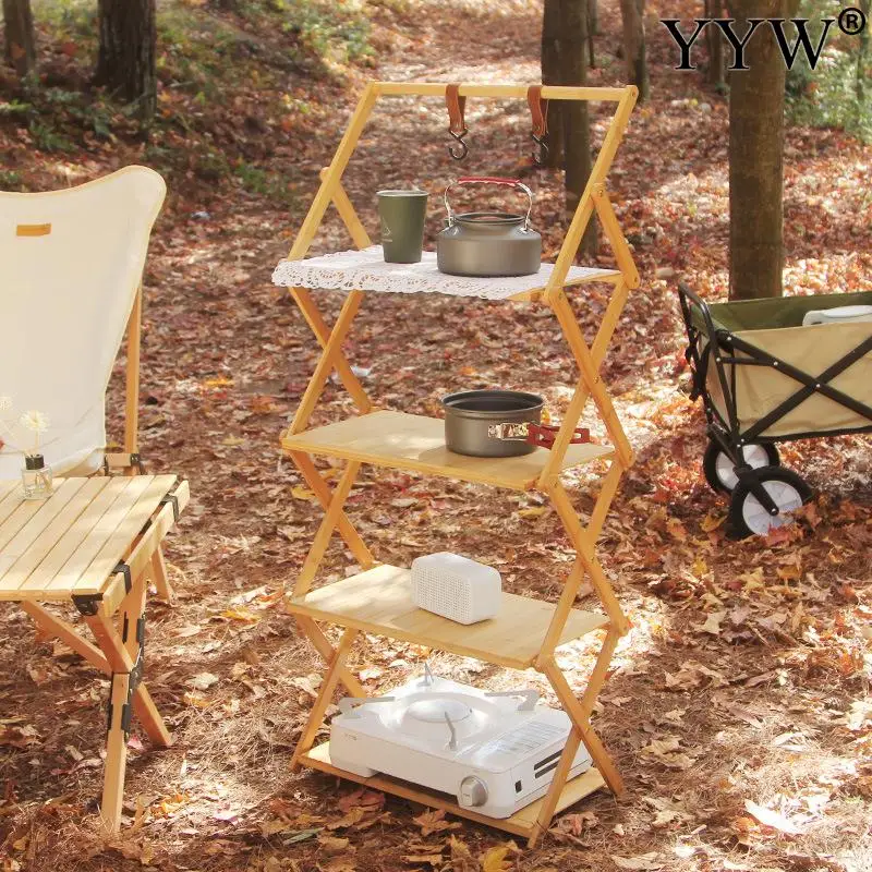 Camping Wood Shelf Rack Folding Foldable Outdoor 3 Plies 4 Plies Item Storage Holder Pinic Size 70cm*110cm Quality Accessories