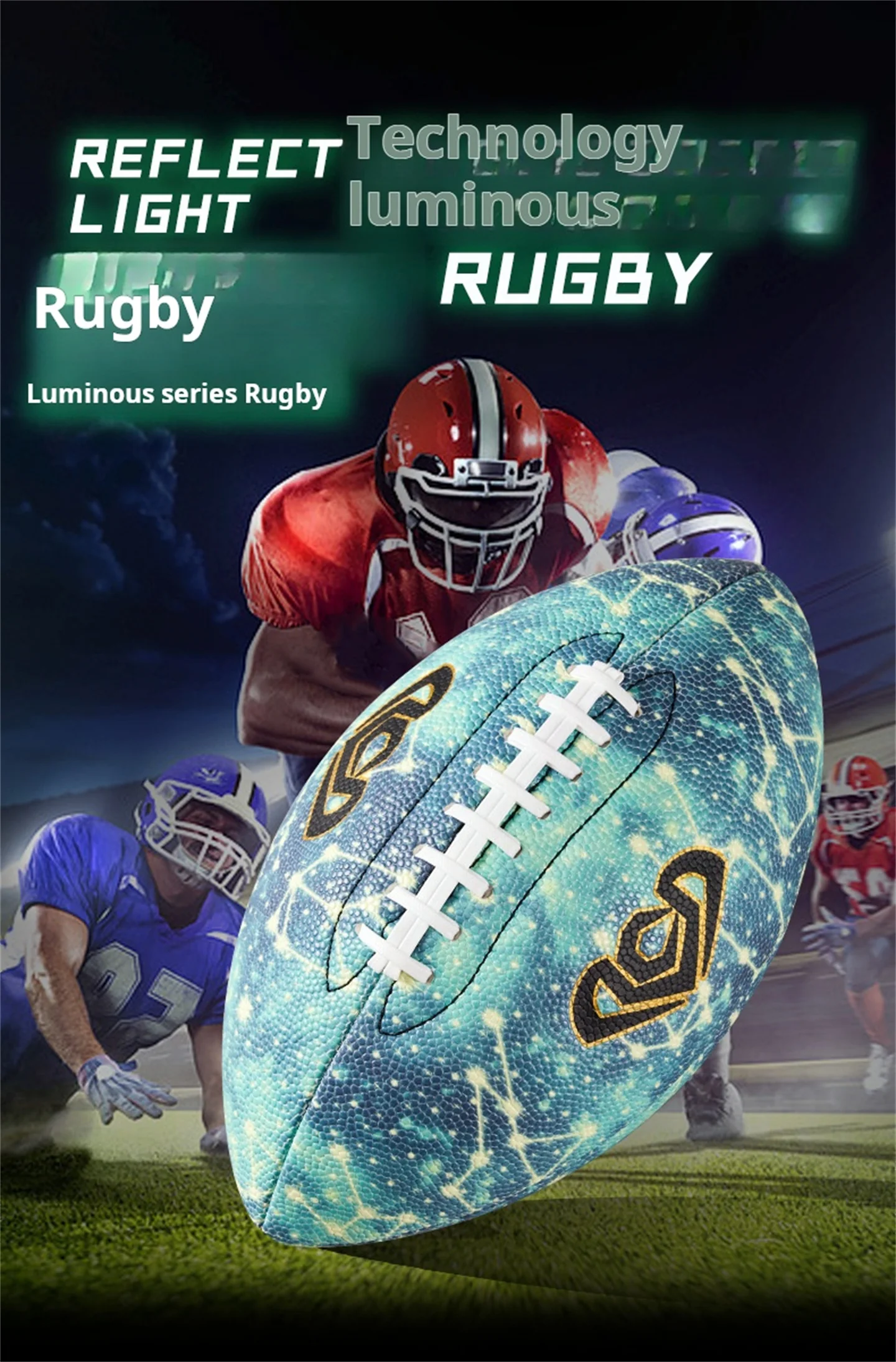 Durable PU Rugby American Football - Reflective & Glow-in-the-Dark, Machine Sewn, Sizes 6/9, Official Competition/Training Balls
