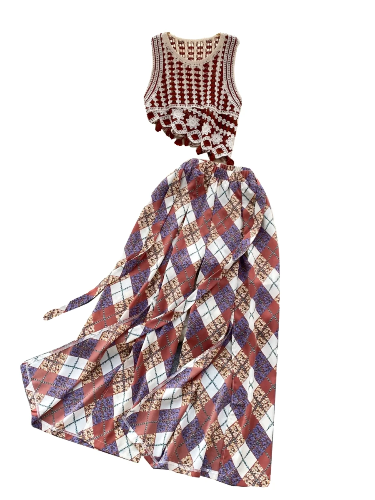 n Vaion Sle Ensemble deux pièces top tricoté ort polyvalent rétro motif diamant pantalon à jambes larges Ensemble Faionable