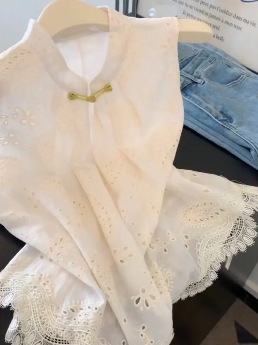 

Elegant Lace Hollow out Vest Women's Summer New Chinese Style Lazy Poetic Sleeveless Cotton Polyester Blend Breathable Shirt