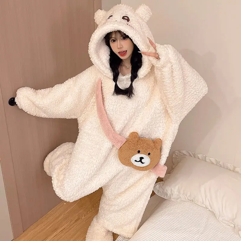 Winter Chiikawa Hooded Robe Women Coral Fleece Jumpsuit Pajamas Kawaii Nightgown Cartoon Thick Warm Sleepwear Girls Loungewear
