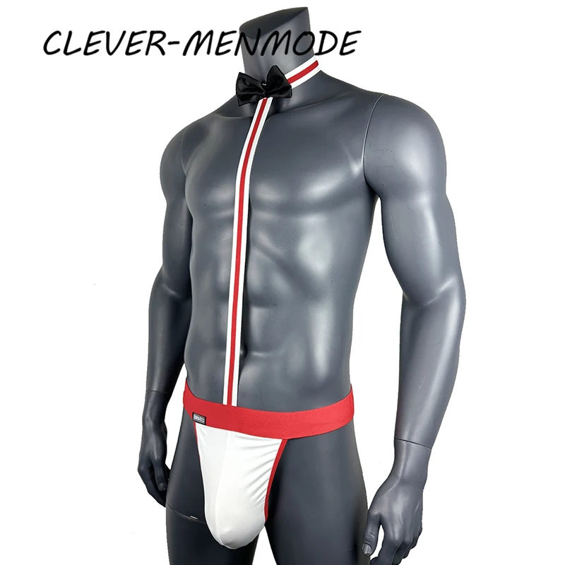 CLEVER-MENMDOE 참신 섹시한 남성 Mankini 끈 게이 속옷 에로틱 란제리 웨이터 포르노 의상 멜빵 바디 슈트 넥타이 테디
