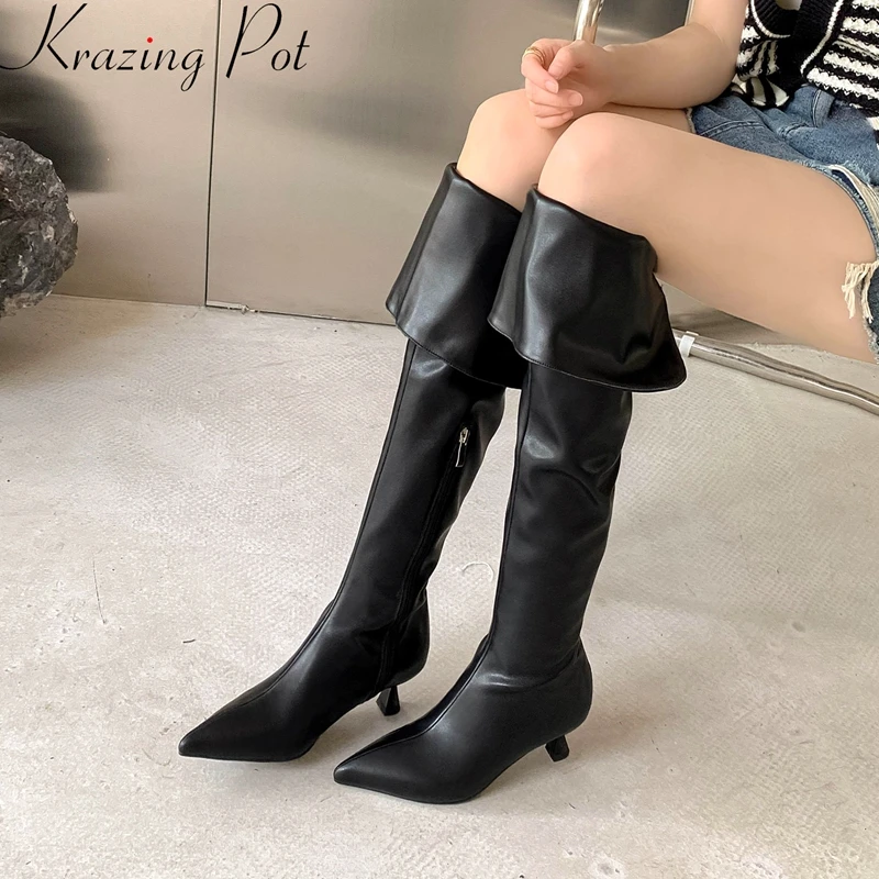 

Krazing Pot, эластичные сапоги из натуральной кожи с острым носком, на тонком среднем каблуке-шпильке, зимние плиссированные сапоги выше колена с украшениями