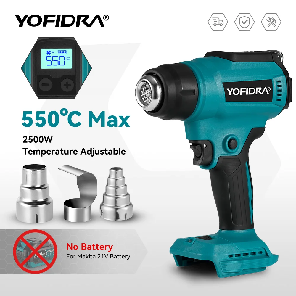 

Yofidra 2500W Electric Heat Gun 2 Gears LED Temperature Efficient Home Air Dryer With 3 Nozzles For makita 18V Battery