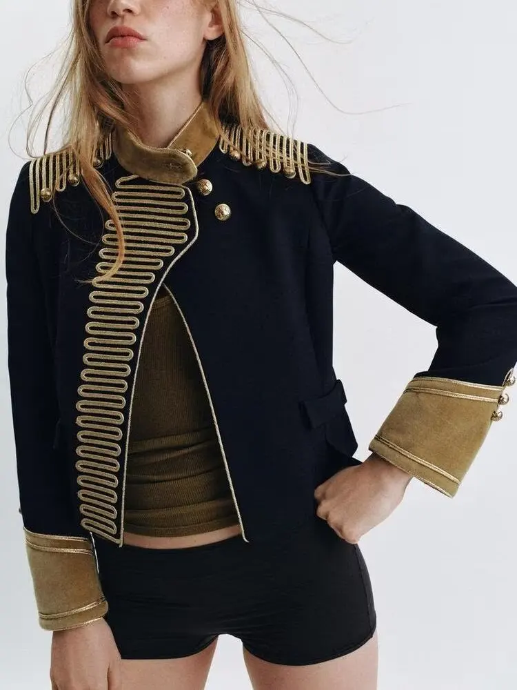 Spring New Arrival Women's Jacket Chinese Style Long Sleeve Stand Collar Golden Rope Knot Button Outerwear Standard Fit