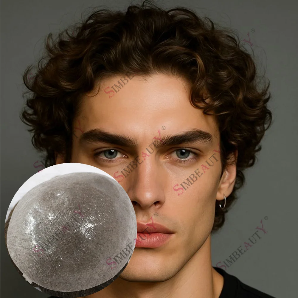 

Realistic Super Natural Hairline 0.06mm Ultra Thin Skin Undetectable Vloop Men Toupee 28mm Loose Curly Blonde Human Hair Prosthe