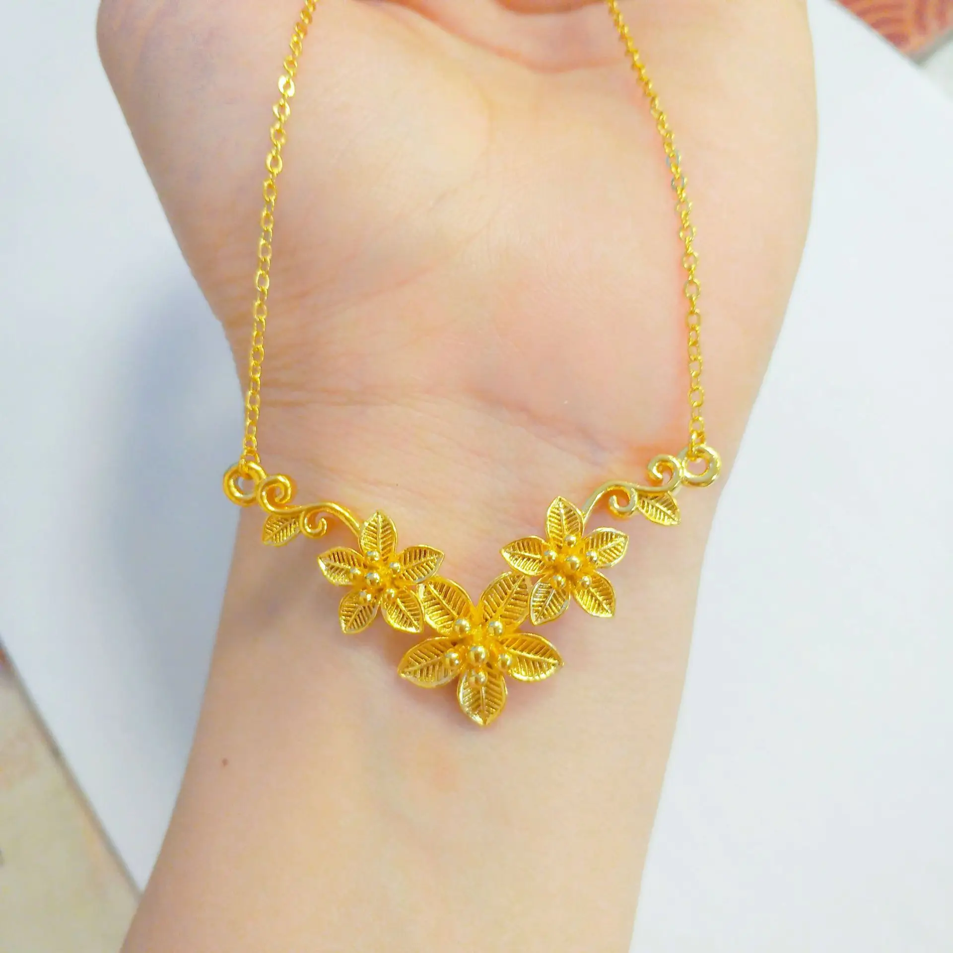 

Luxury 24K 9999 Pure Gold real gold Happy Flower Wedding Necklace Women's Wedding Gift