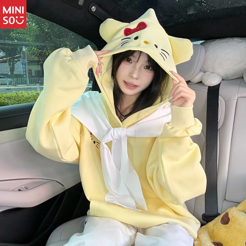 

Miniso Colorblock Hoodie Women, Loose Sleeve Top, Pure Desire Fashion Cover Tummy