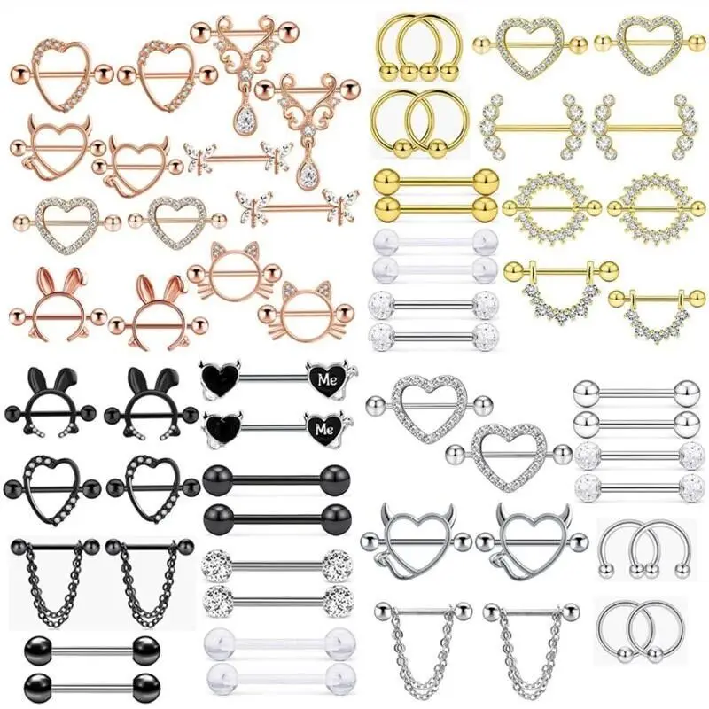 Fashion Stainless Steel Heart Nipple Piercing Set Jewelry Flower Nipple Barbell Pack Crystal Nipple Ring Lot Sexy Body Piercing