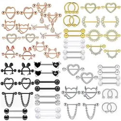 Fashion Stainless Steel Heart Nipple Piercing Set Jewelry Flower Nipple Barbell Pack Crystal Nipple Ring Lot Sexy Body Piercing