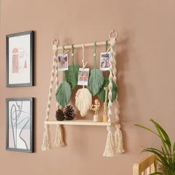 DIY Handmade Tassel Macrame Tapestry Wall Hanging Shelf Boho Cotton Rope Woven Plant Hanger Wood Floating Shelf Wall Decor