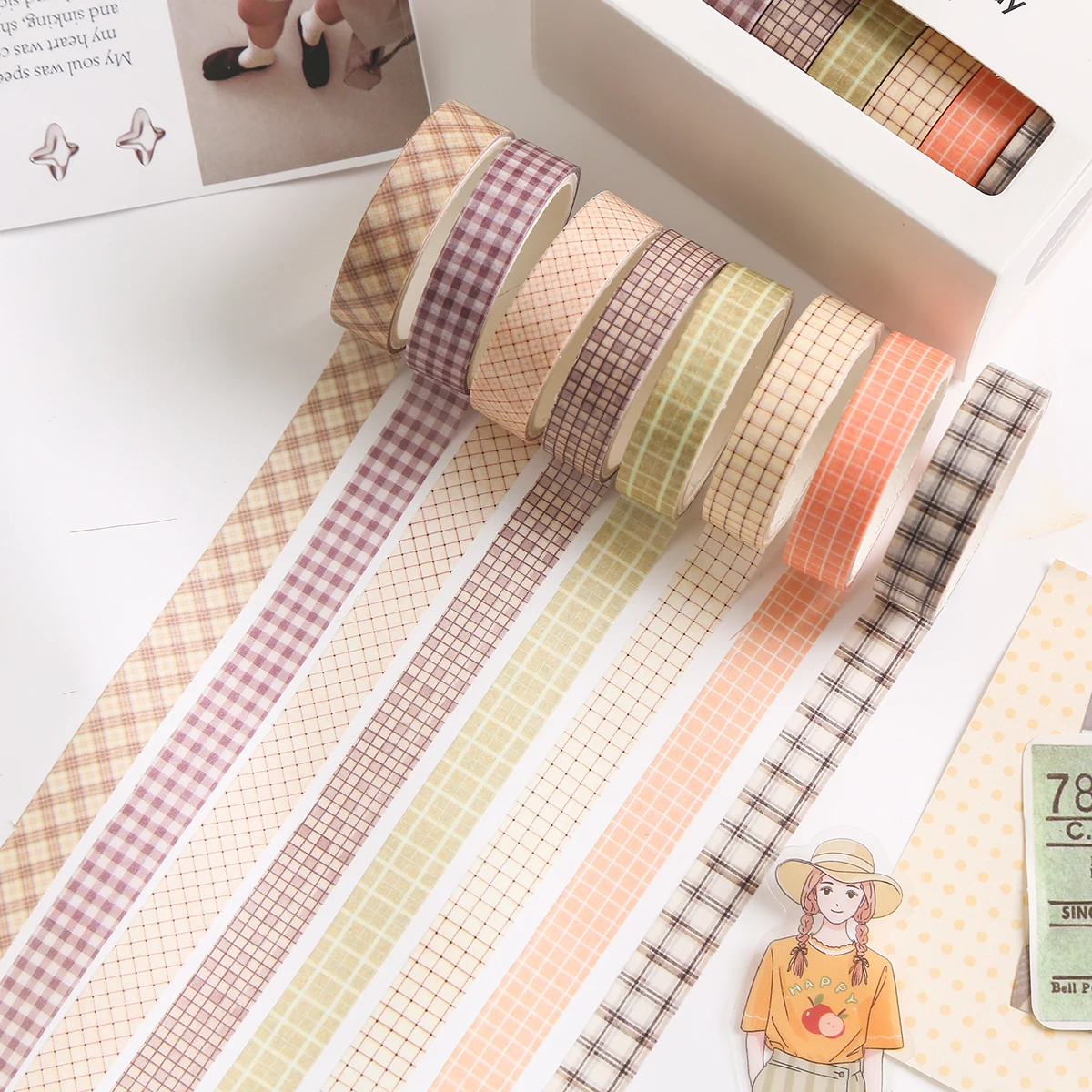 8 Rolls Aesthetic Floral Washi Tape Set, Vintage Flower & Plaid Decorative Strips for Journal Planner Scrapbook & DIY Crafts