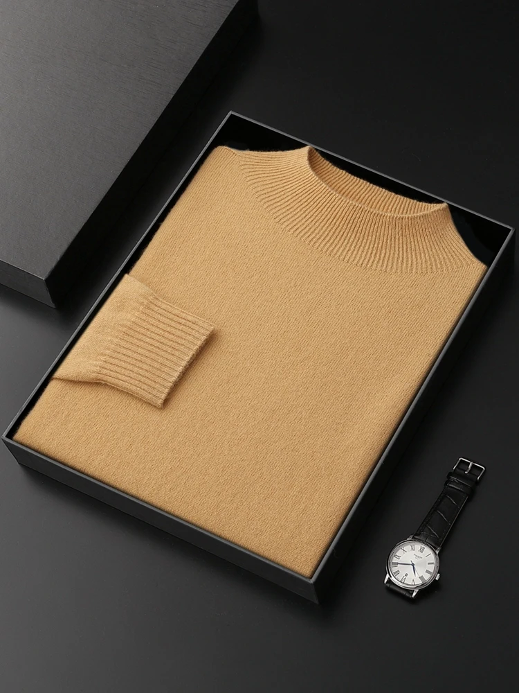 Men's Autumn Winter Mock Neck Basic Pullover 100% Cashmere Sweater Solid Color Simple Knitwear Soft Cashmere Clothing New Tops