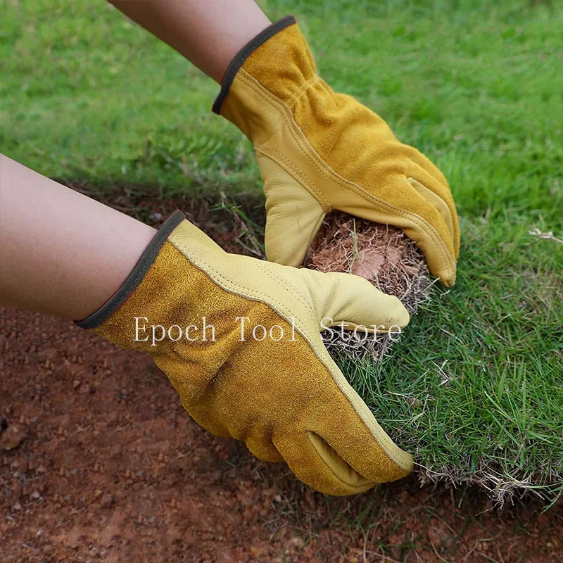 

Yellow Cowhide Leather Outdoor Cycling Gloves Abrasion Resistant and Anti-Puncture for Gardening Manual Labor Protection