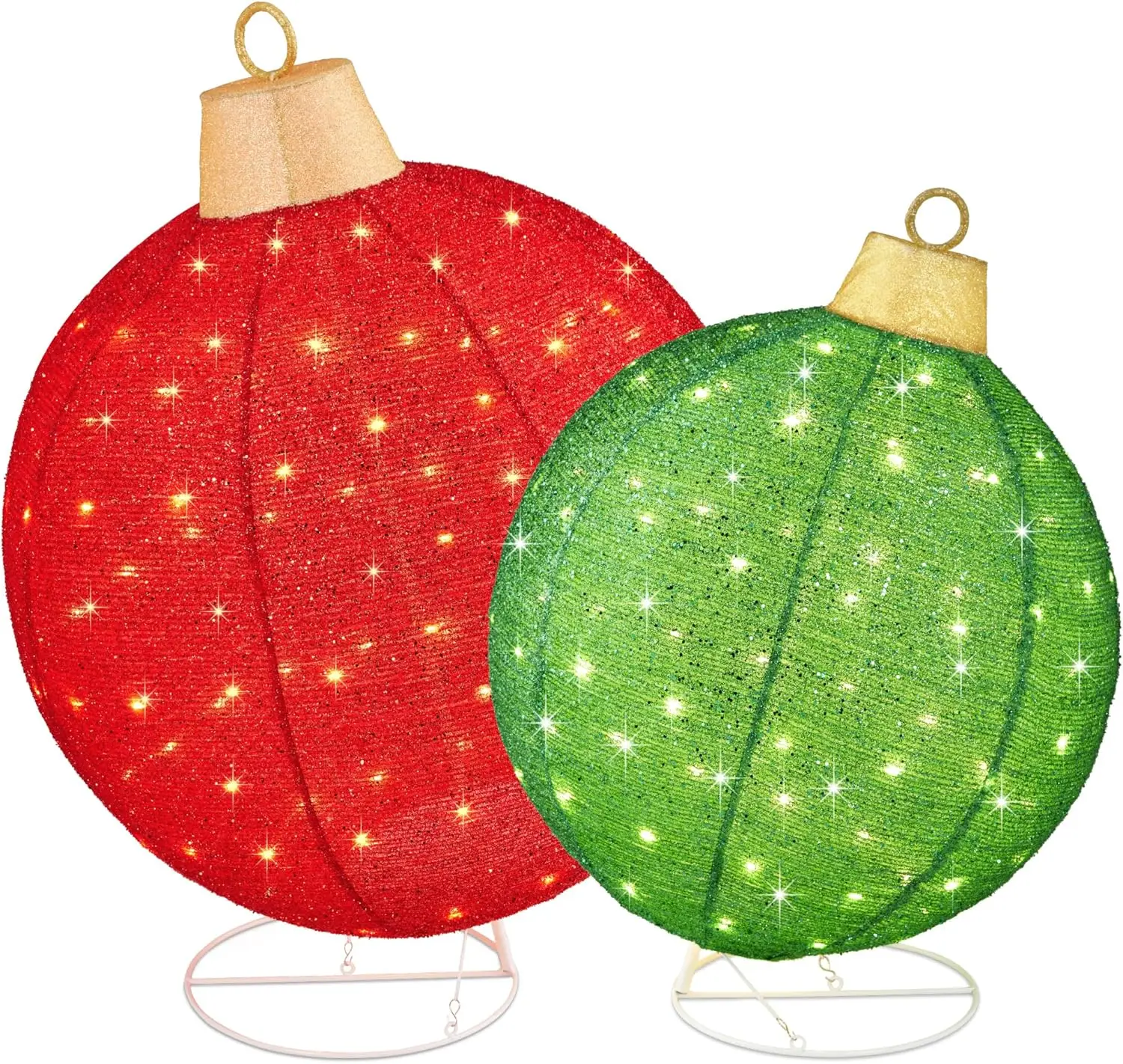 

2pc Lighted Pop-Up Outdoor Christmas Ornament Set, Holiday Ball Decoration w/ 180 LED Lights, 8 Light Functions - Red/Green