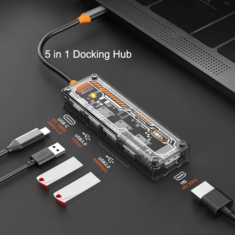 ESRYOTZ 5 IN1 Transparent USB C HUB 4K HD USB Splitter 3.0 HUB for Macbook Pro Air Laptops PC Accessories Docking Station Hub