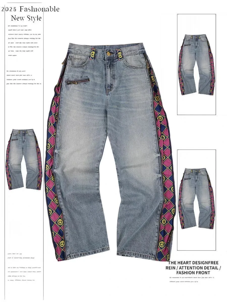 

Detachable Printed Jeans Purple Gold Patchwork Straight Leg Jeans Smiley Anime Zipper Splicing Men's Women's High Waist Wide Leg