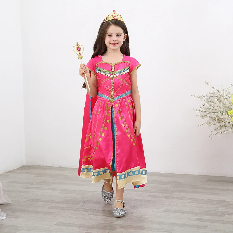 Jasmine Princess Dress for Girls Aladdin Christmas Gorgeous Pink Dress Kids LED Light Coronation Costume Child Arab Clothes