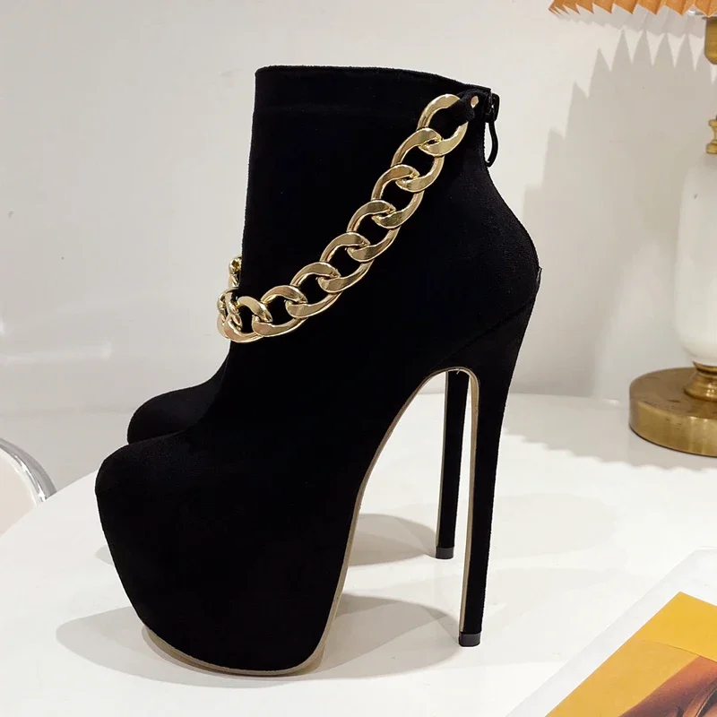 Eilyken Designer Nightclub Party Round Toe Women Boots Sexy Metal Chain Stiletto High Heels Platform Zipper Female Shoes