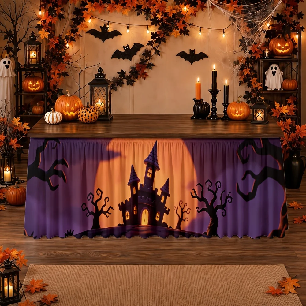 Halloween Gothic Castle silhouette, full moon distorted trees, night scene of autumnzyc
