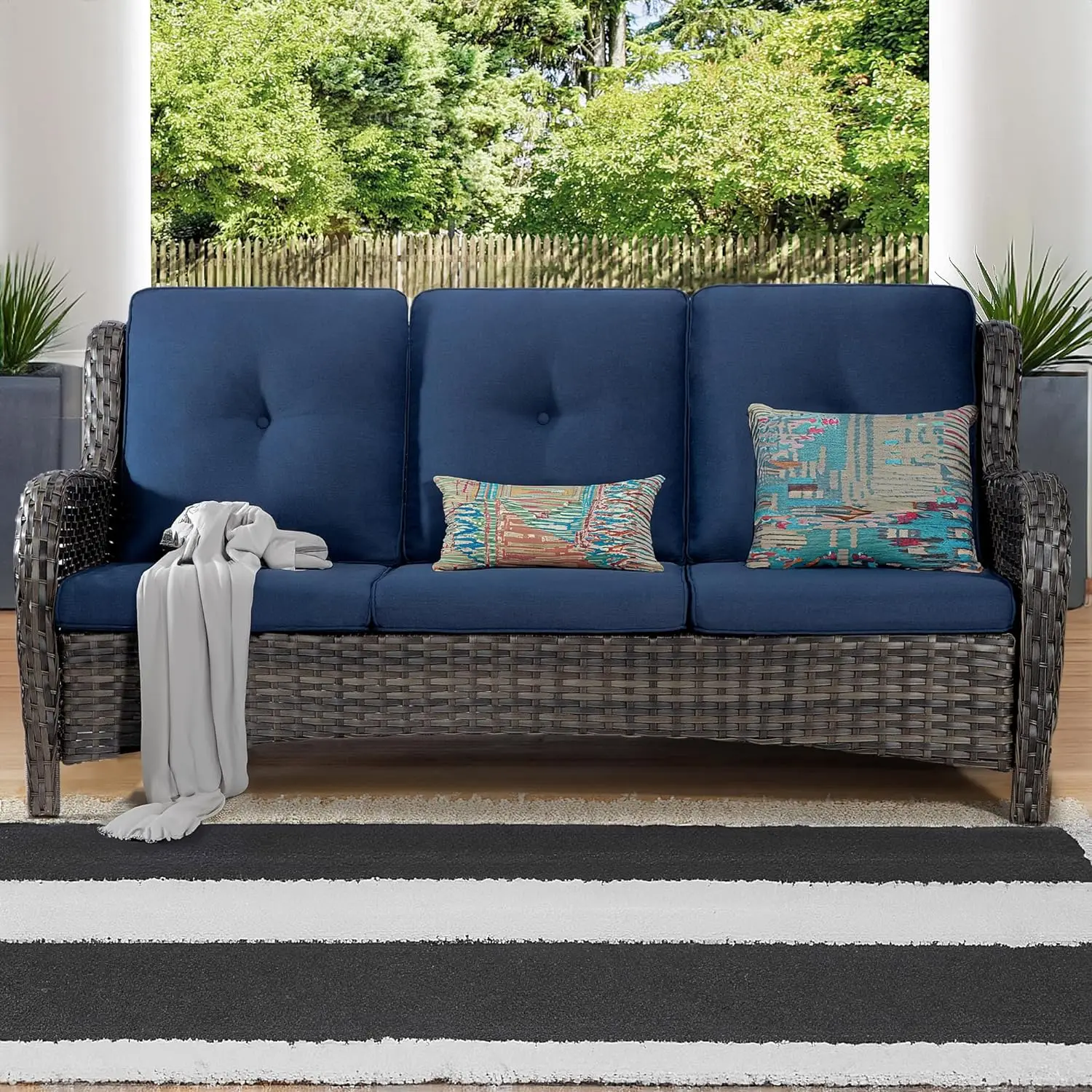 Outdoor Couch Wicker Patio Sofa - 3-Seat Patio Sofa with Deep Seating and Comfortable Cushions for Porch Deck Balcony, Blue