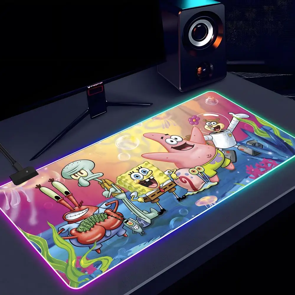 Anime SpongeBobs Mouse Pad RGB luminous 1000X500mm large table mat non-slip extra large game office mouse pad