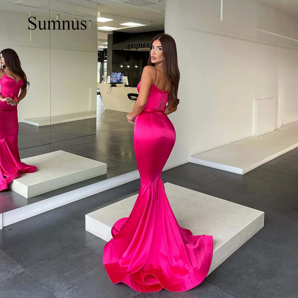 

Sumnus Sexy Mermaid Party Dresses Solid Satin Spaghetti Straps Bodycon Evening Prom Gowns Lace Up Long Event Celebrate Dress