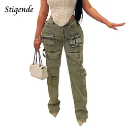 Stigende Cargo Jeans Trousers Women Zipper Pocket Vintage Denim Pants Y2k Streetwear