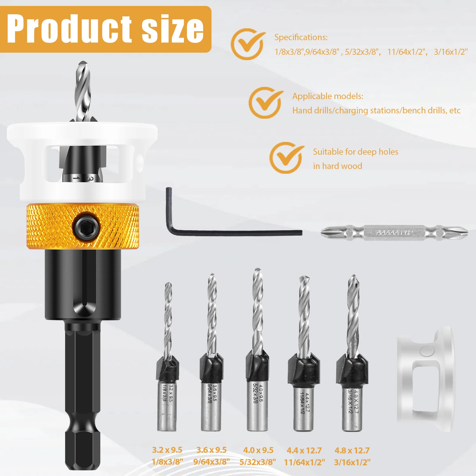 Countersink Drill Bit Set with Adjustable Depth Stop Quick Change Countersink Drill with Replaceable Drill Bits Countersink