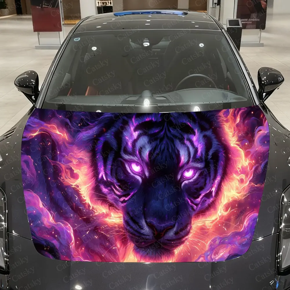 

Flame Mist Tiger Dominance Car Vinyl Wrap, PVC Waterproof Car Hood Sticker, Self-Adhesive Scratch-Resistant Stickers