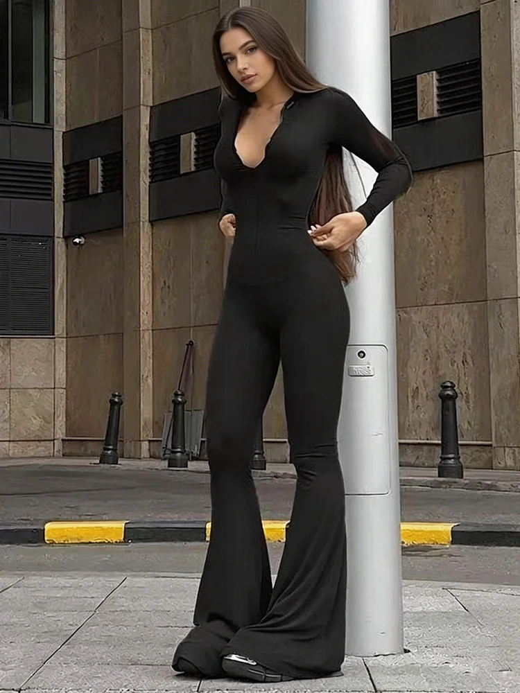 

XIAOTANG Fashion Long Sleeve Slim Sexy Jumpsuit Women's Cargo Pants New Autumn Winter Solid Color Zipper Sports Fitness Jumpsuit