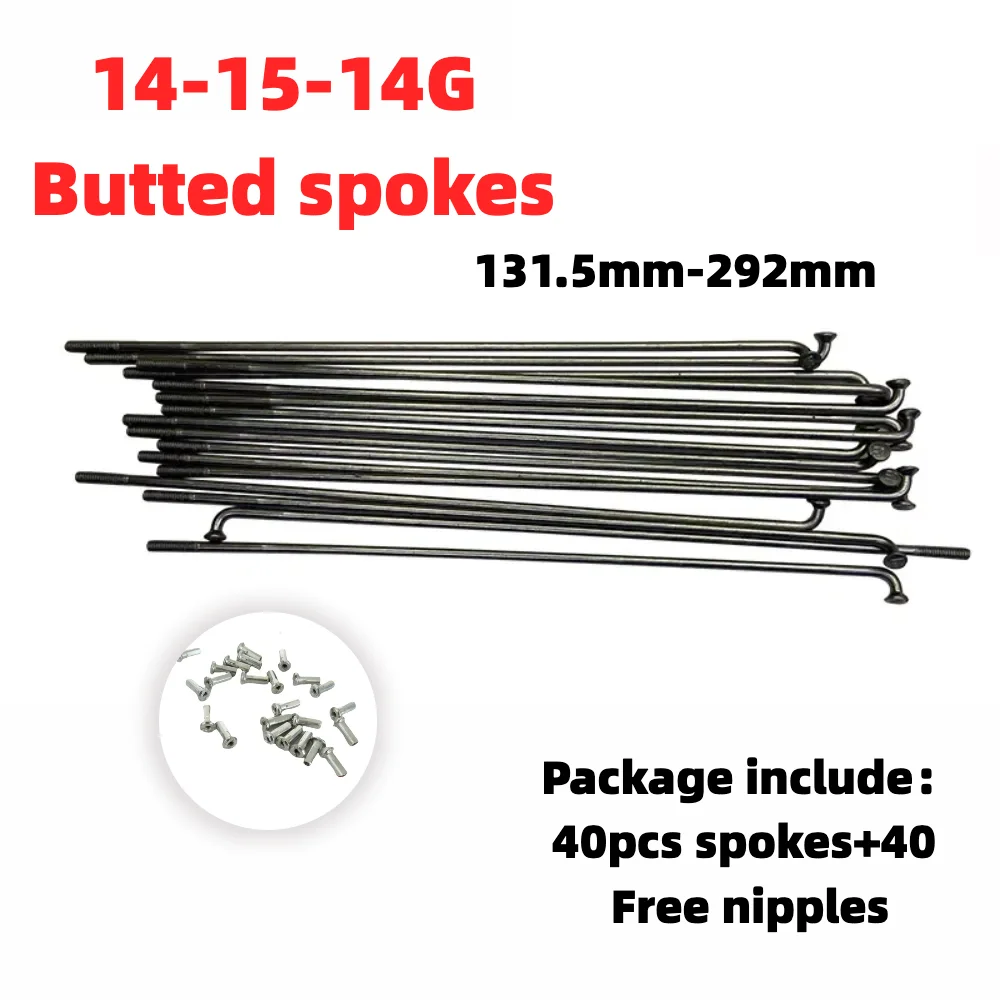 14-15-14 Gauge Double Butted Stainless Steel Spokes with Nipples for Bicycle and E-Bike 131.5-293mm High Strength