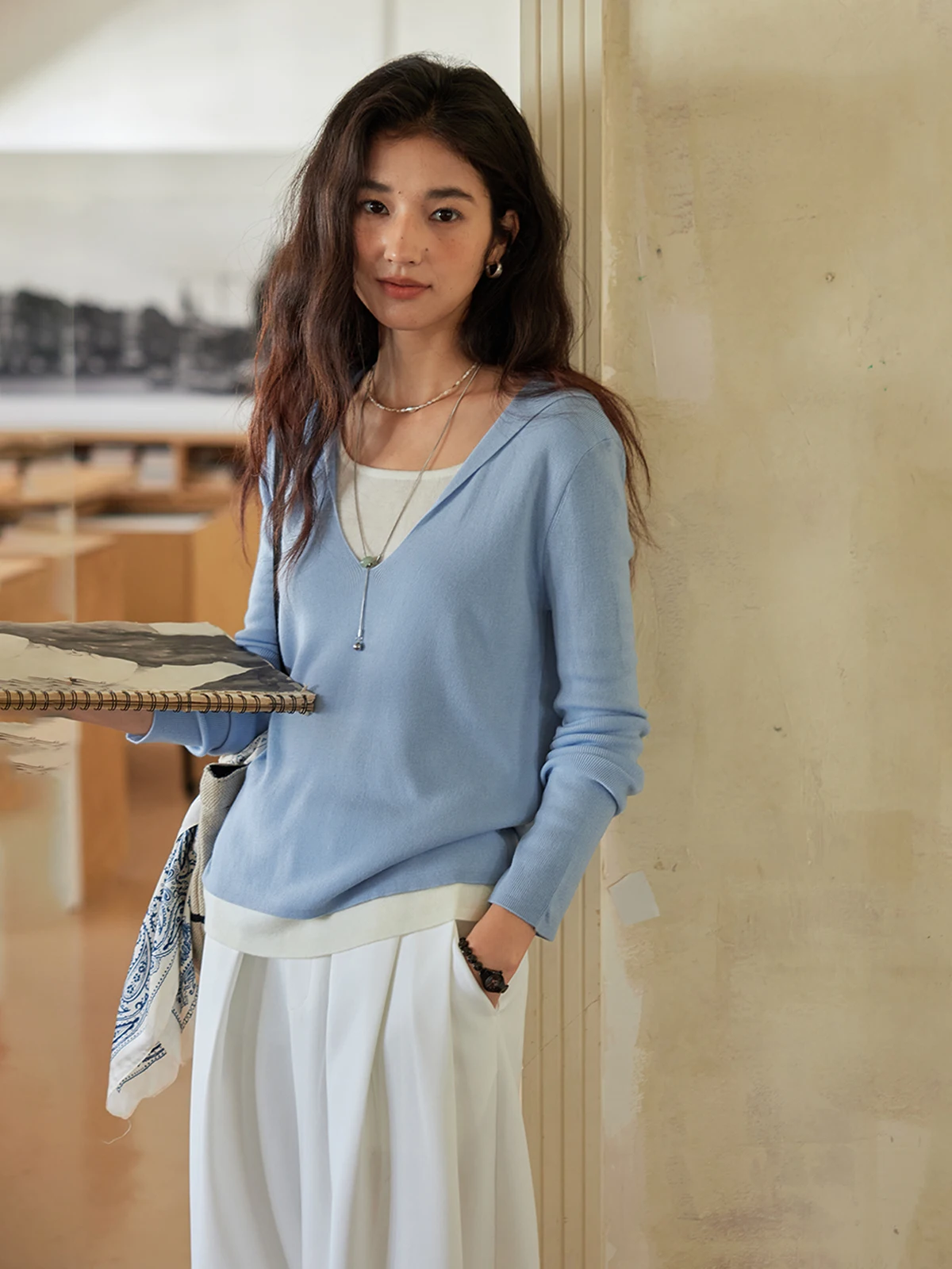 

Solighter Wool Blend Knitted Hat Women's Slimming Top French Sle Loose Fit Polyester Fiber Long Sve Hooded Knitwear