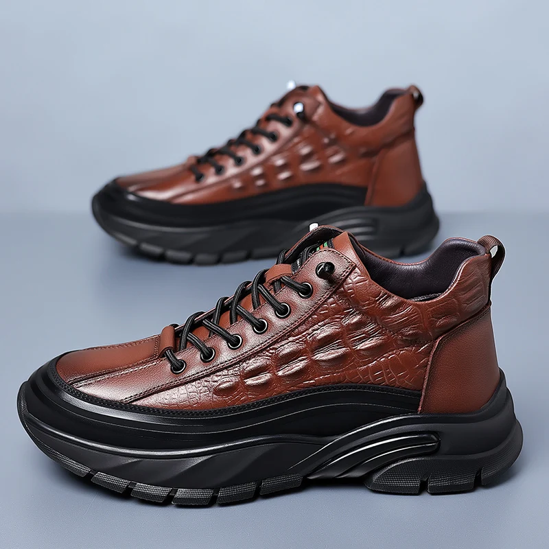 High Quality Brand Thick Soled Wear-resistant Men's Hiking Shoes Crocodile Pattern Leather Casual Shoes Men's Oxford Shoes