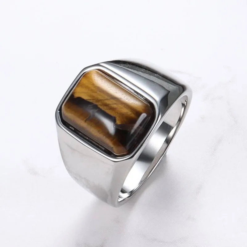 Achezon Classic Square Natural Tiger Eye Rings for Men Male Simple Vintage Stainless Steel Wedding Bands Jewelry Accessories