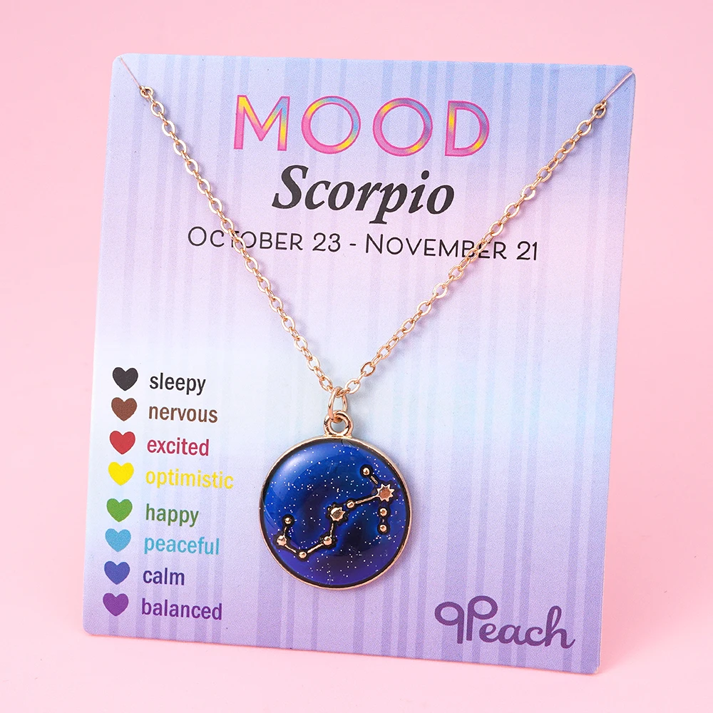 Thermochromic Color Changing 12 Constellation Pendant Fashionable Zinc Alloy Golden Plated Mood Changed Necklace Girls Jewelry